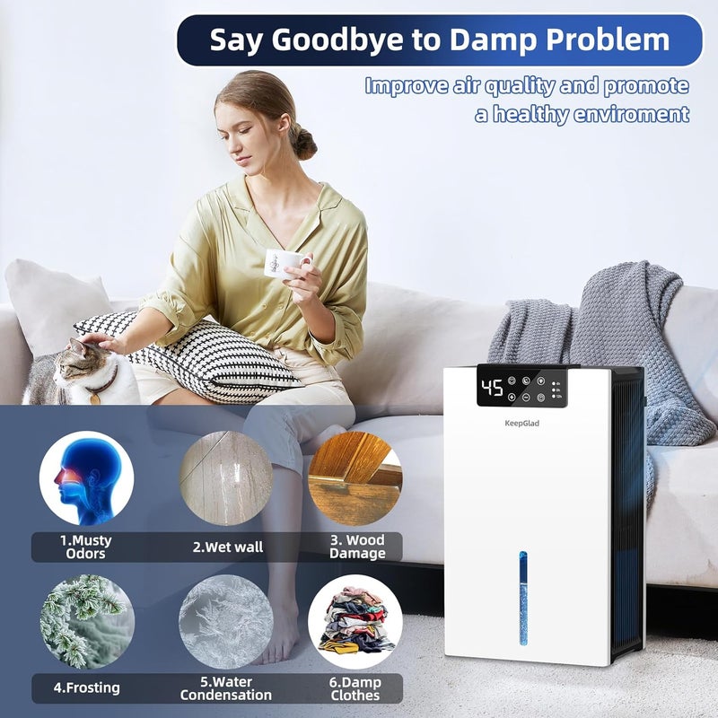 KeepGlad Dehumidifier, 98OZ Dehumidifiers for Home(1000sq.ft), Humidity Display Dehumidifier for Basement Bathroom Bedroom, Auto Shut Off, Washable Filter, Drain Hose, Timer, 7 Ambient Lights, White - Image 5